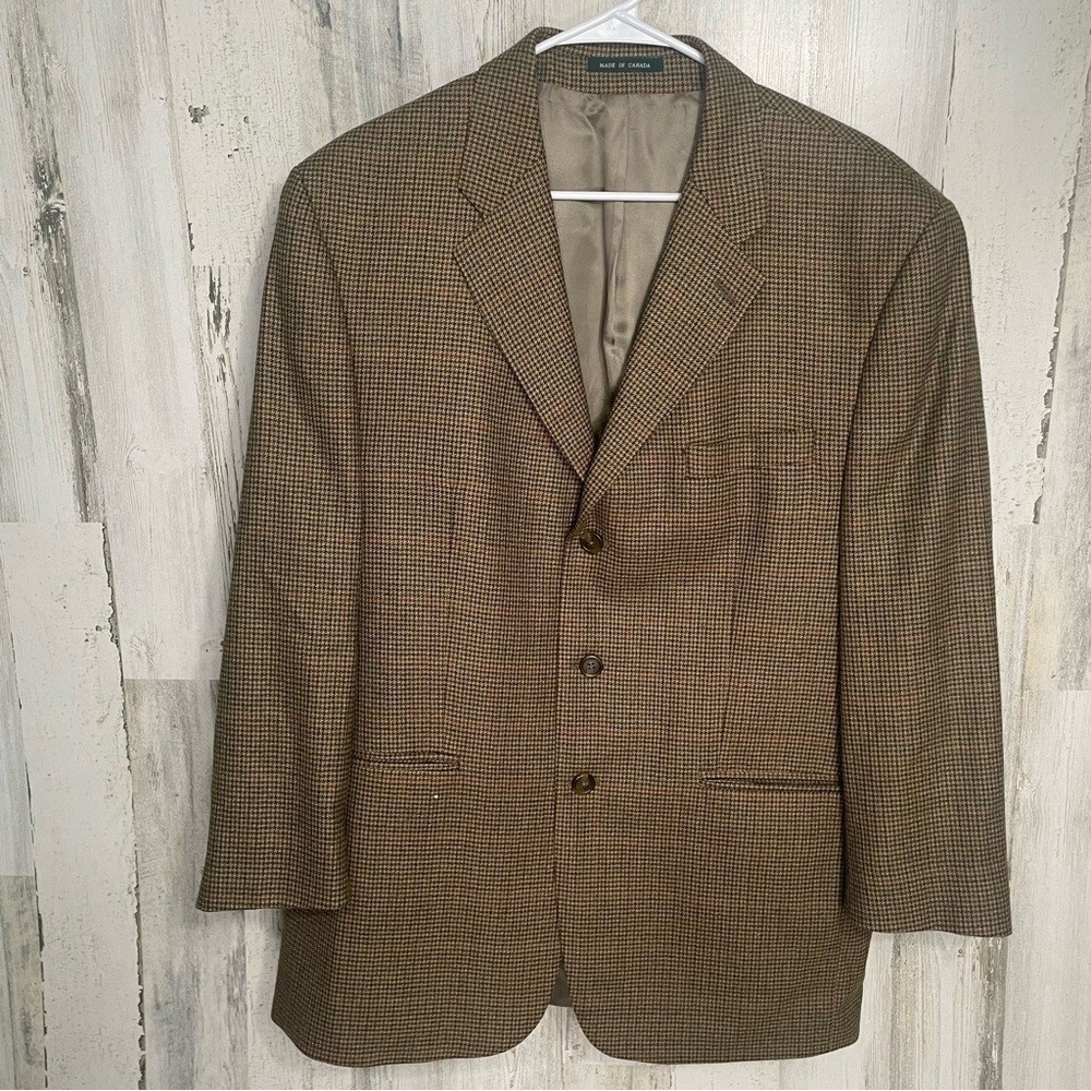 Lauren Ralph Lauren Vintage Wool Cashmere Houndstooth Blazer size 43 Tan